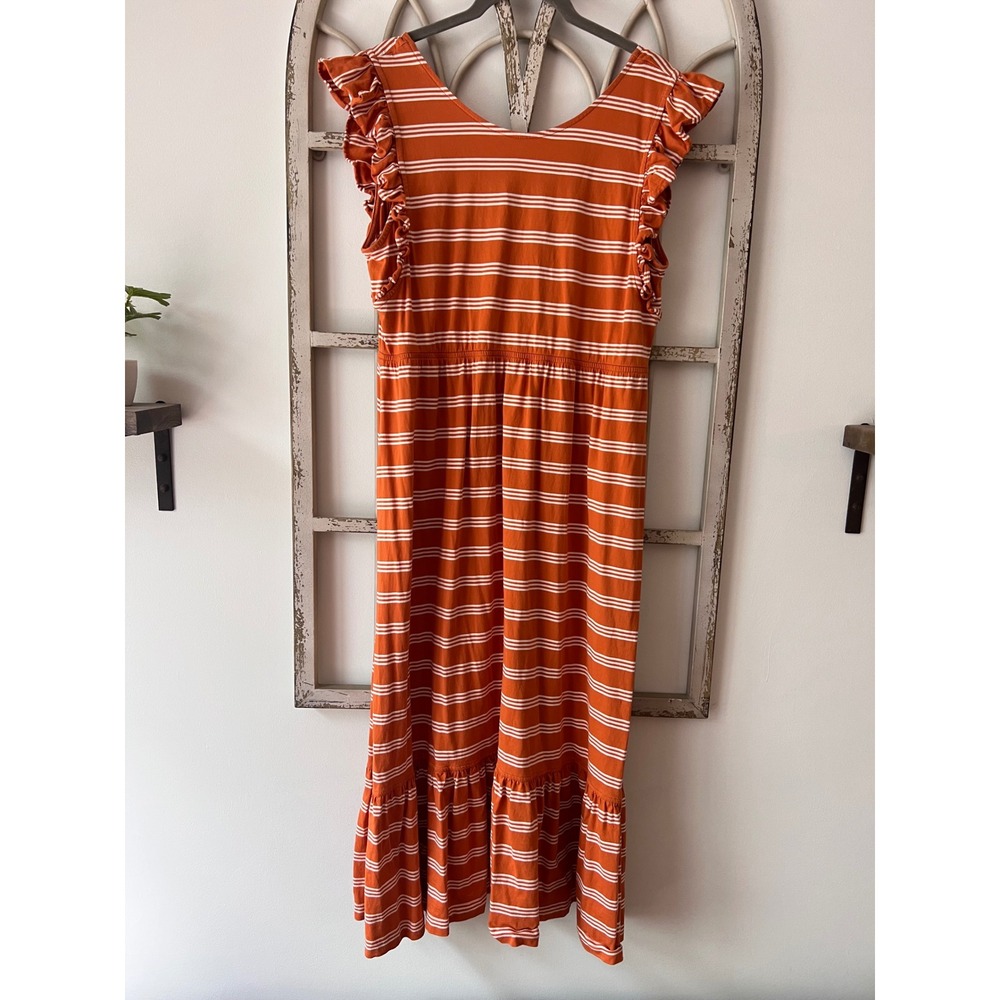 The Tiny Big Sister Burnt Orange Striped Pima Cotton Ruffle Midi Dress‎ Size 40